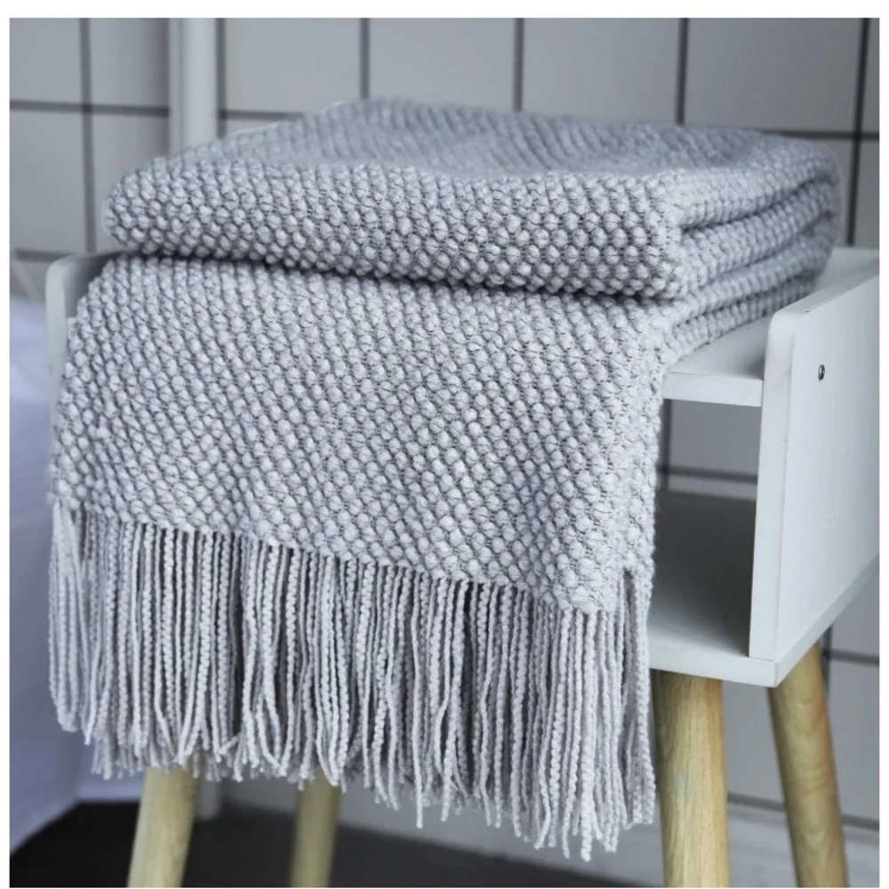 Light Grey Boho Tassel Chunky Knit Dorm/Living/Bedroom Cozy Casual Throw Blanket - Picture 6 of 16
